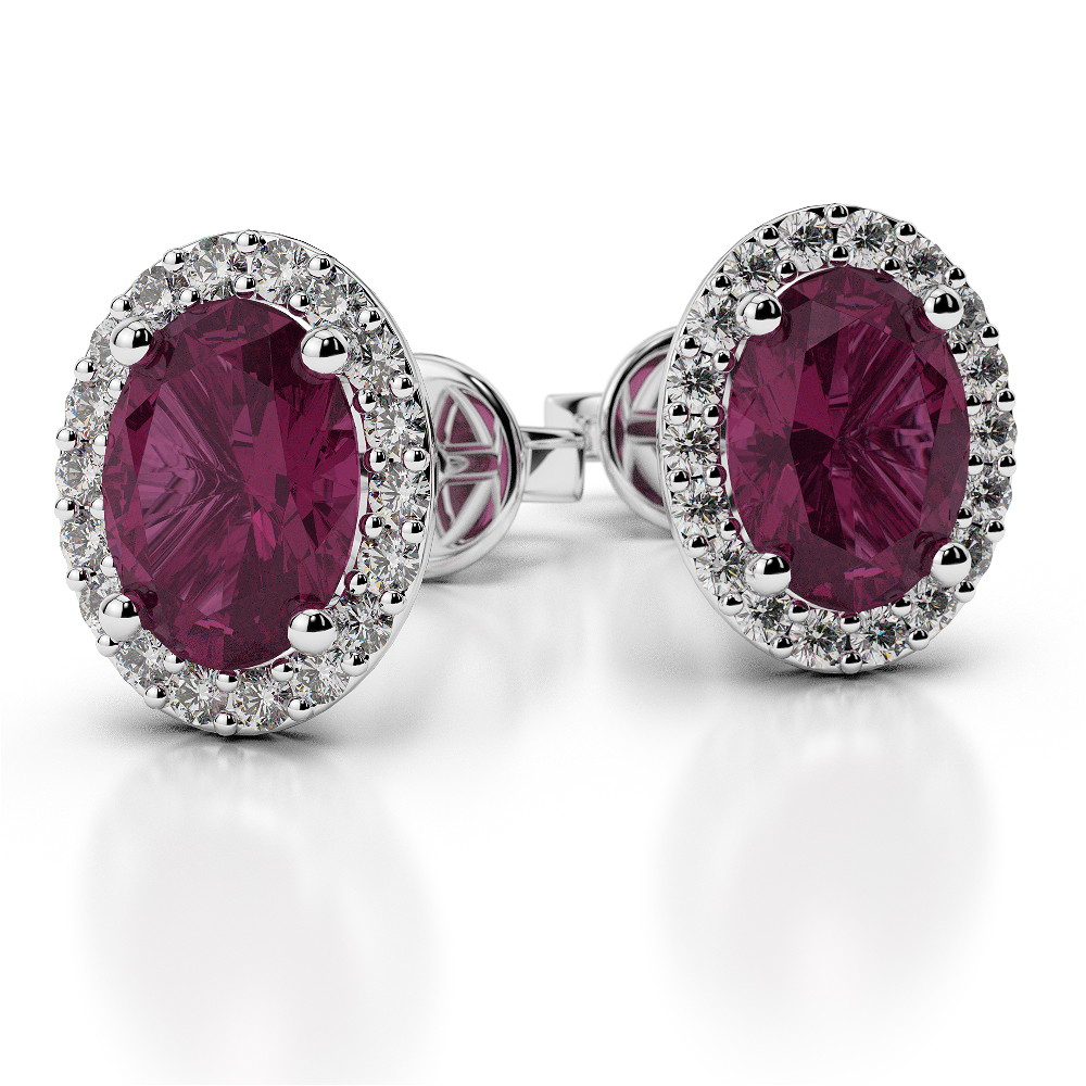 Oval Shape Ruby & Round Cut Diamond Earrings in Gold / Platinum AGER-1072