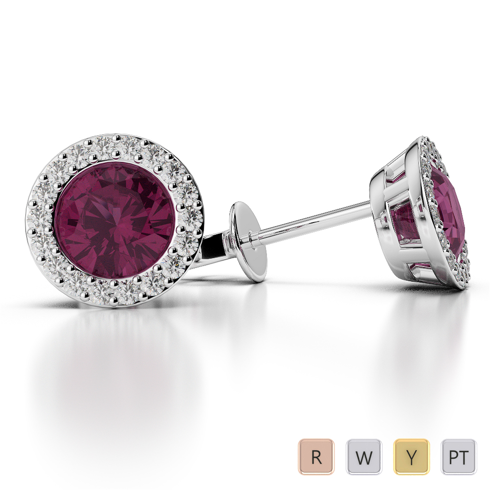 Round Shape Ruby and Diamond Earrings in Gold / Platinum AGER-1075