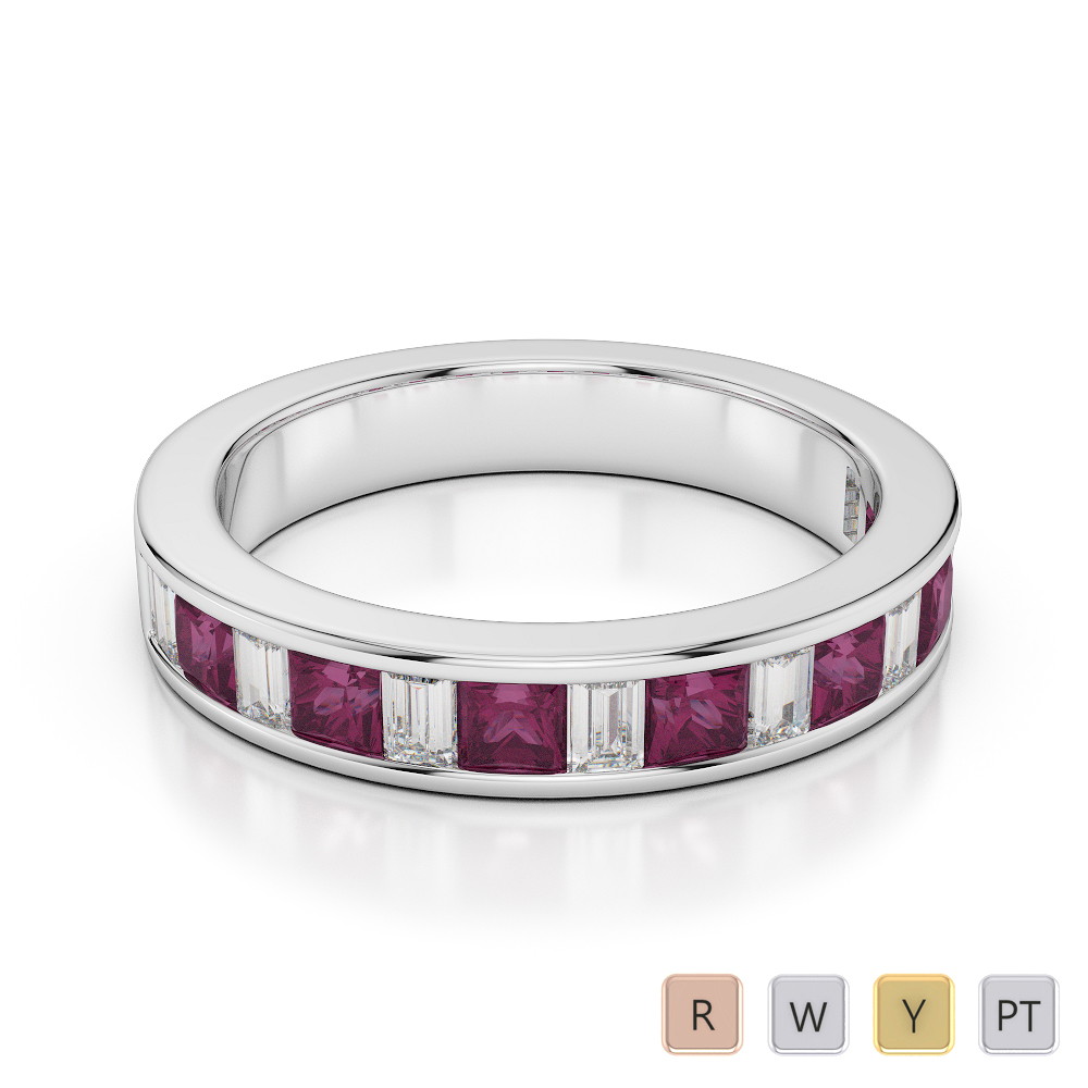 4 MM Gold / Platinum Princess and Baguette Cut Ruby and Diamond Half Eternity Ring AGDR-1143