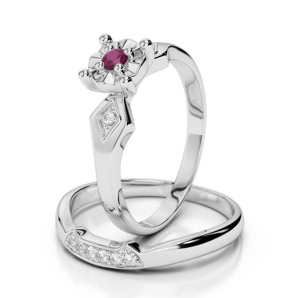Gold / Platinum Round cut Ruby and Diamond Bridal Set Ring AGDR-1058