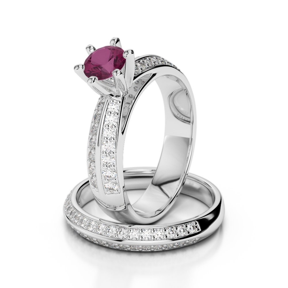 Gold / Platinum Round cut Ruby and Diamond Bridal Set Ring AGDR-1147