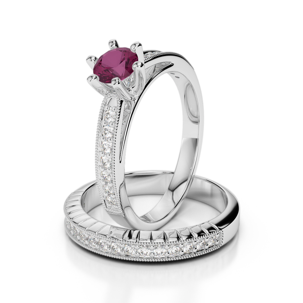Gold / Platinum Round cut Ruby and Diamond Bridal Set Ring AGDR-1154