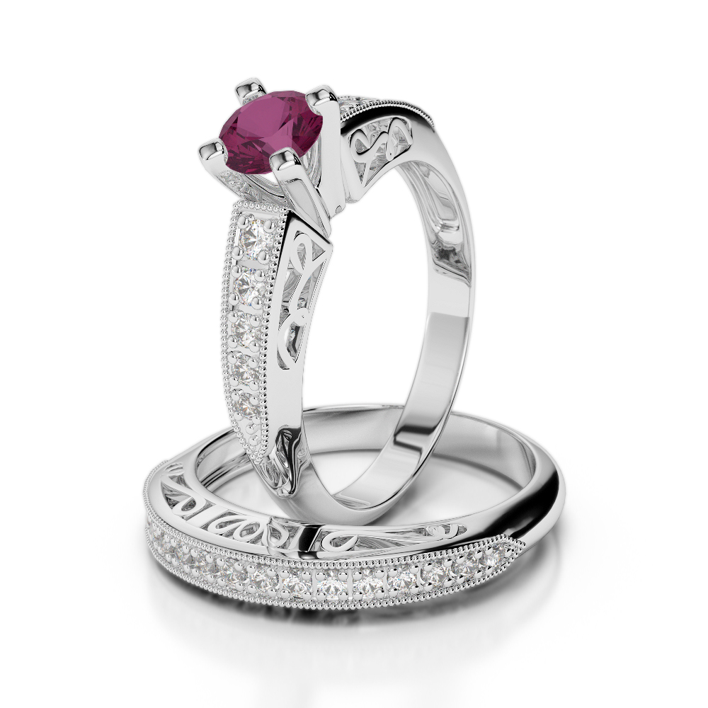 Gold / Platinum Round cut Ruby and Diamond Bridal Set Ring AGDR-1160