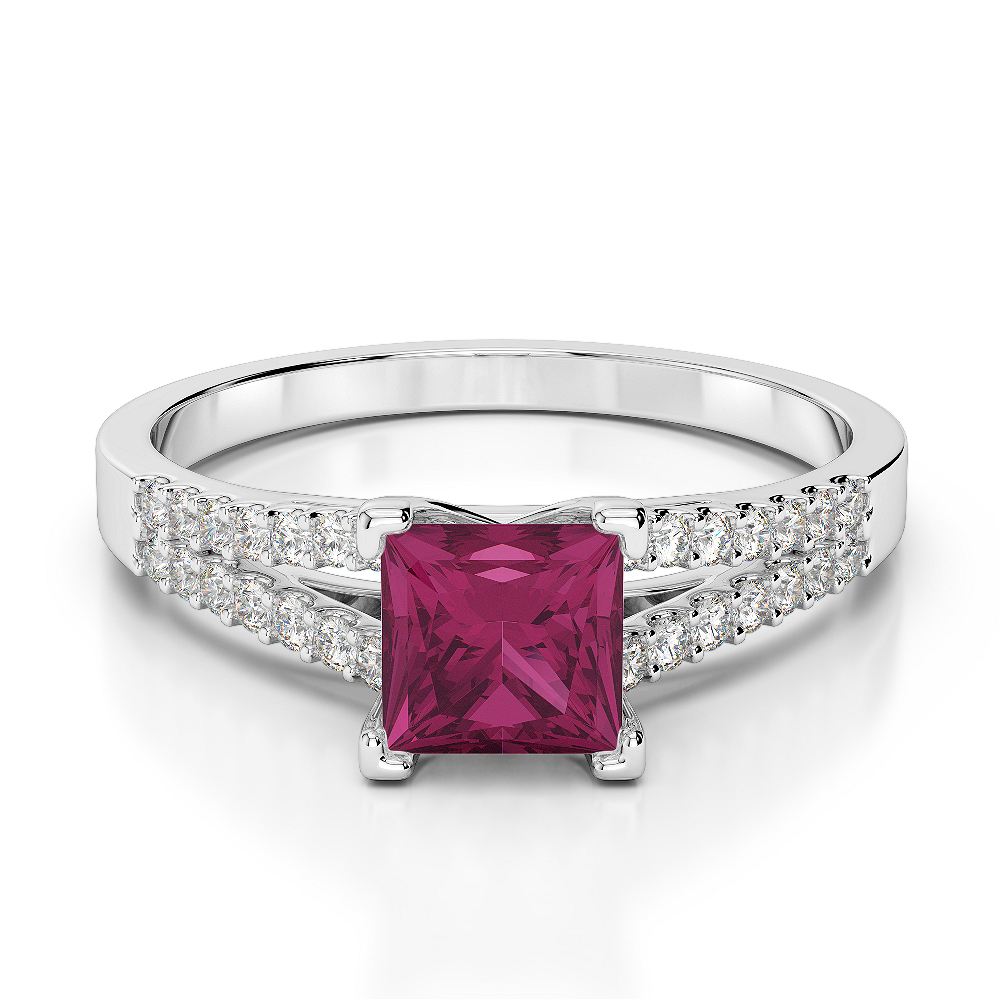 Gold / Platinum Round and Princess Cut Ruby and Diamond Engagement Ring AGDR-1211