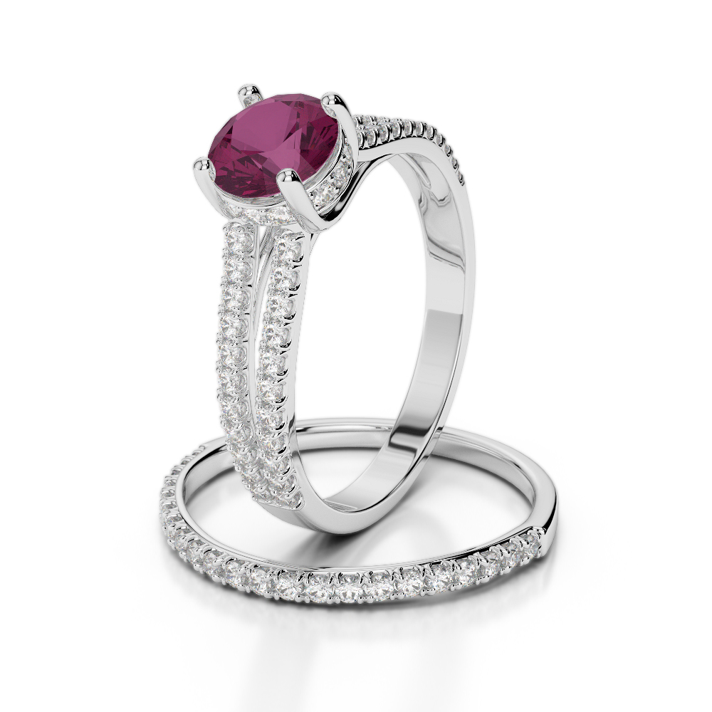 Gold / Platinum Round cut Ruby and Diamond Bridal Set Ring AGDR-2035