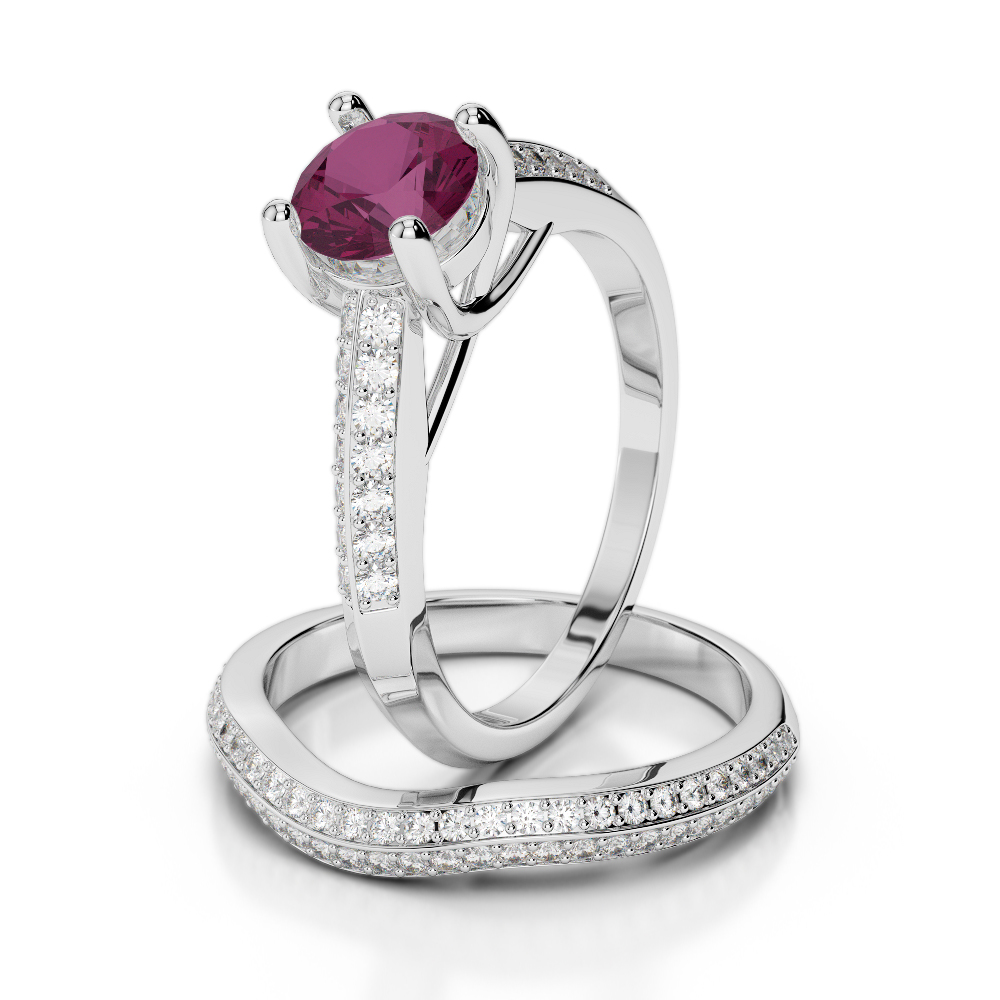 Gold / Platinum Round cut Ruby and Diamond Bridal Set Ring AGDR-2043