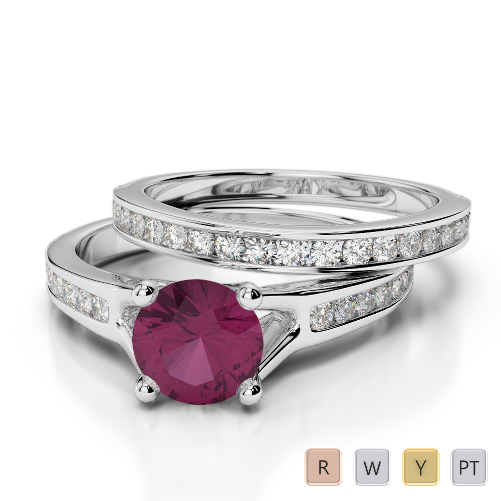 Gold / Platinum Round cut Ruby and Diamond Bridal Set Ring AGDR-2047