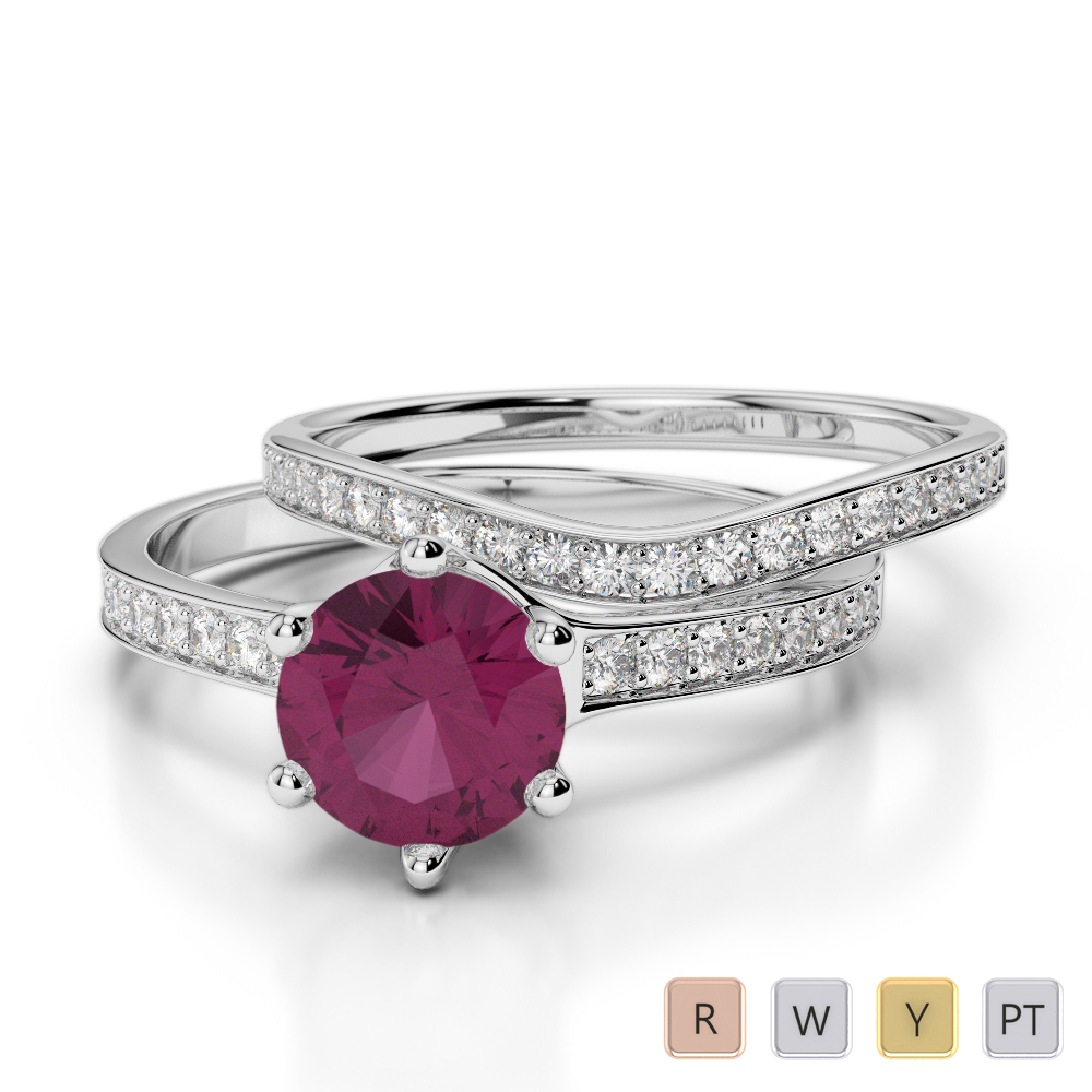 Gold / Platinum Round cut Ruby and Diamond Bridal Set Ring AGDR-2049