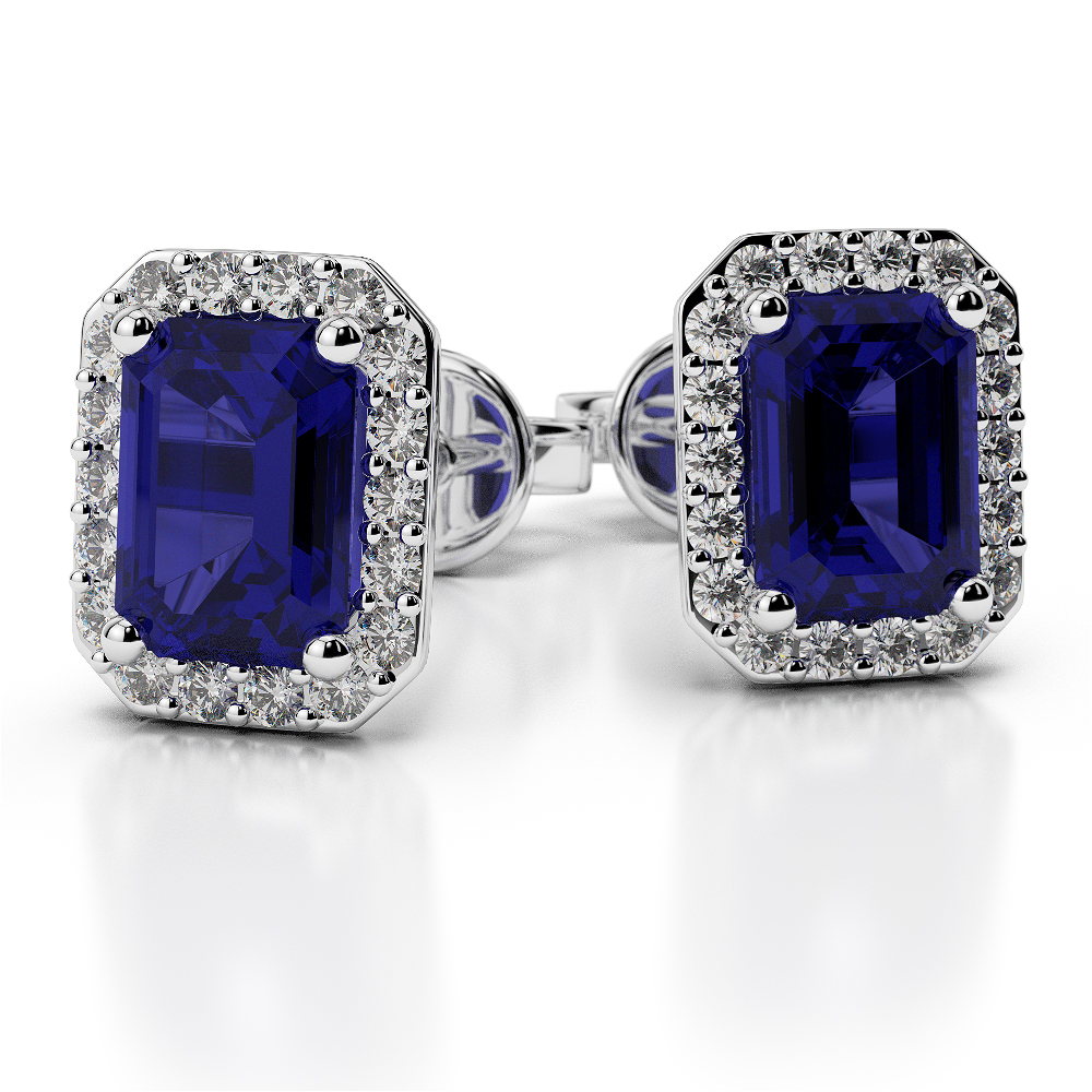 Prong Set Blue Sapphire Earrings With Diamond in Gold / Platinum AGER-1062