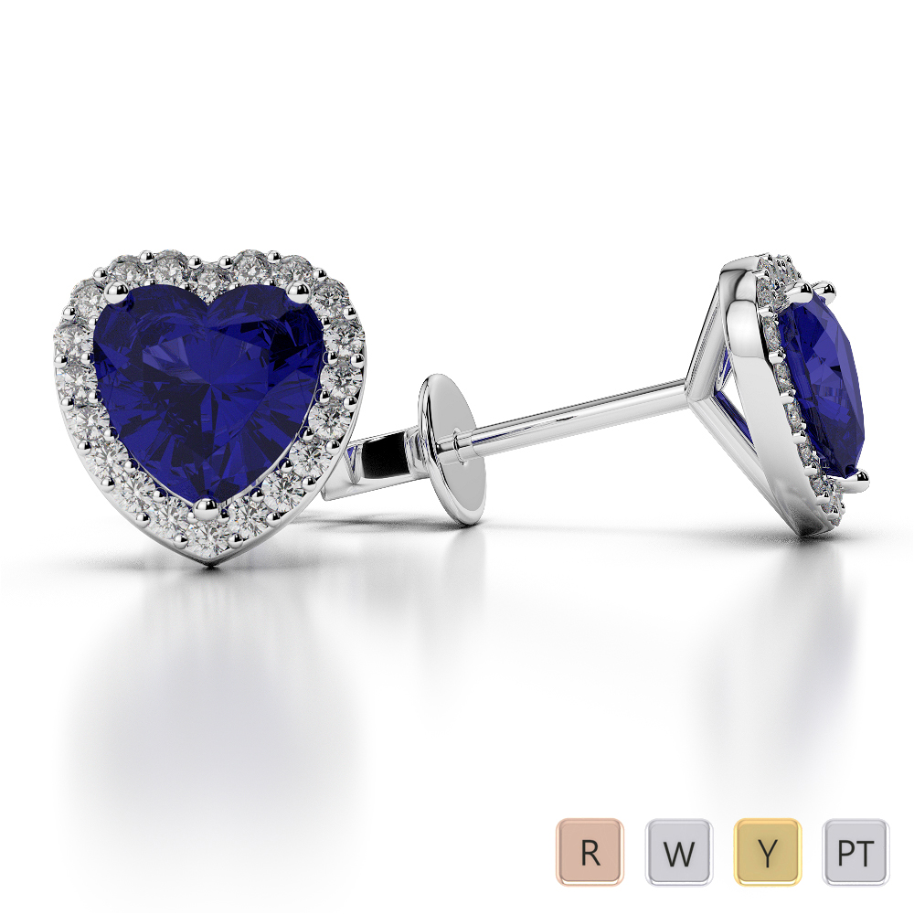 Heart Shape Blue Sapphire & Round Diamond Earrings in Gold / Platinum AGER-1064