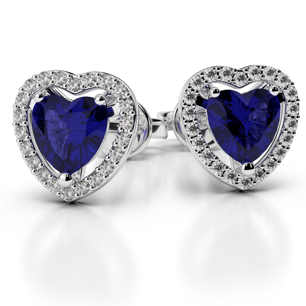 Heart Shape Earrings With Blue Sapphire & Diamond in Gold / Platinum AGER-1066