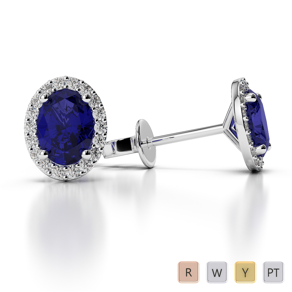 Oval Shape Blue Sapphire Earrings With Diamond in Gold / Platinum AGER-1070