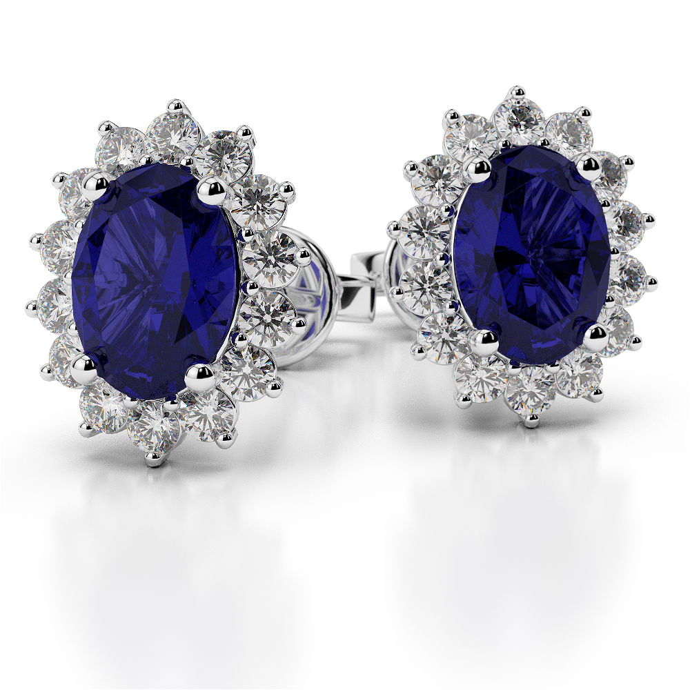 Oval Shape Blue Sapphire and Diamond Earrings in Gold / Platinum AGER-1071