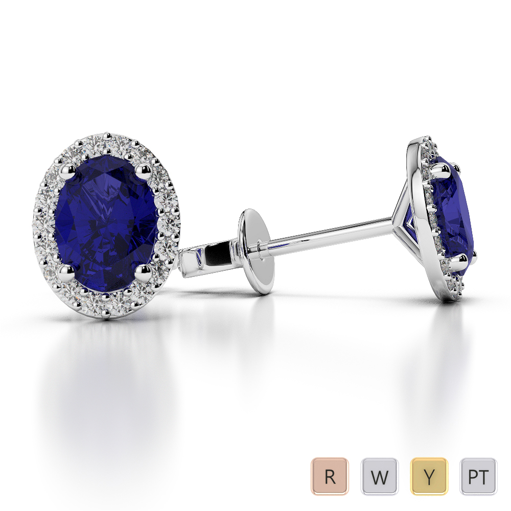 Oval Shape Blue Sapphire & Round Cut Diamond Earrings in Gold / Platinum AGER-1072