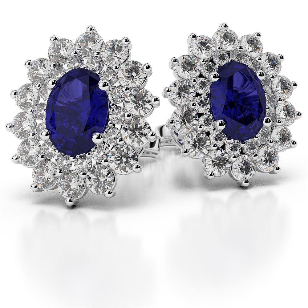 Blue Sapphire Earrings With Round Cut Diamond in Gold / Platinum AGER-1073