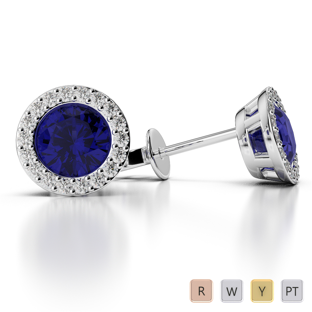 Round Shape Blue Sapphire and Diamond Earrings in Gold / Platinum AGER-1075