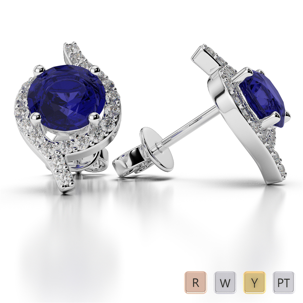 Prong Set Blue Sapphire Earrings With Diamond in Gold / Platinum AGER-1076