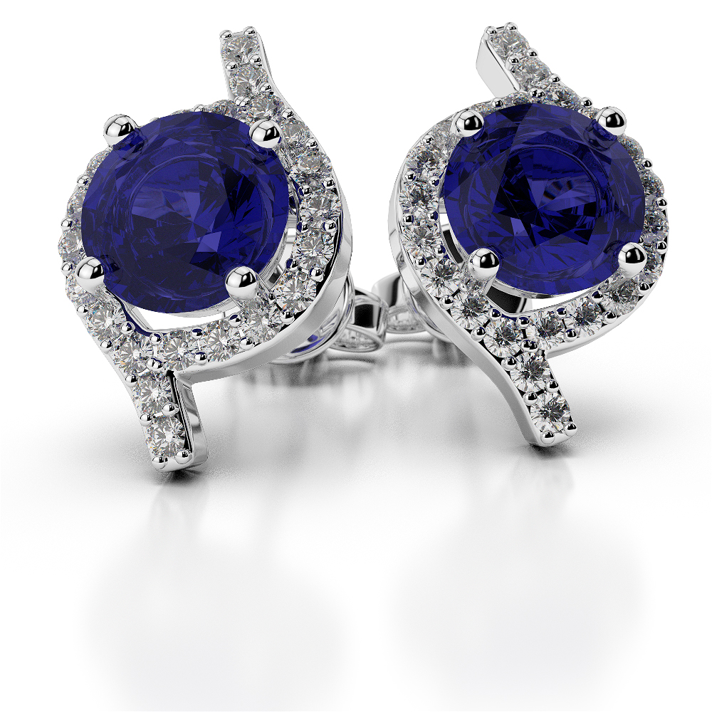 Prong Set Blue Sapphire Earrings With Diamond in Gold / Platinum AGER-1076