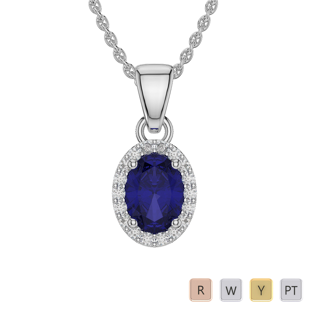 Oval Shape Sapphire and Diamond Necklaces in Gold / Platinum AGDNC-1072