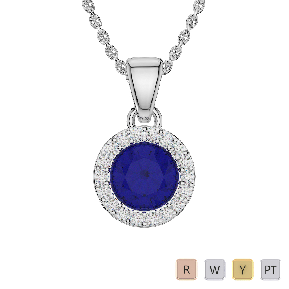 Round Shape Sapphire and Diamond Necklaces in Gold / Platinum AGDNC-1075