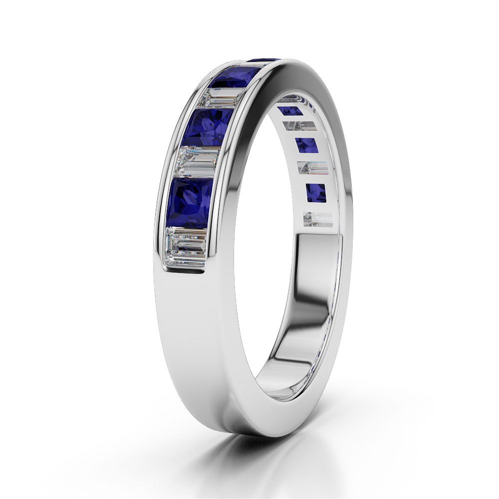 4 MM Gold / Platinum Princess and Baguette Cut Blue Sapphire and Diamond Half Eternity Ring AGDR-1143