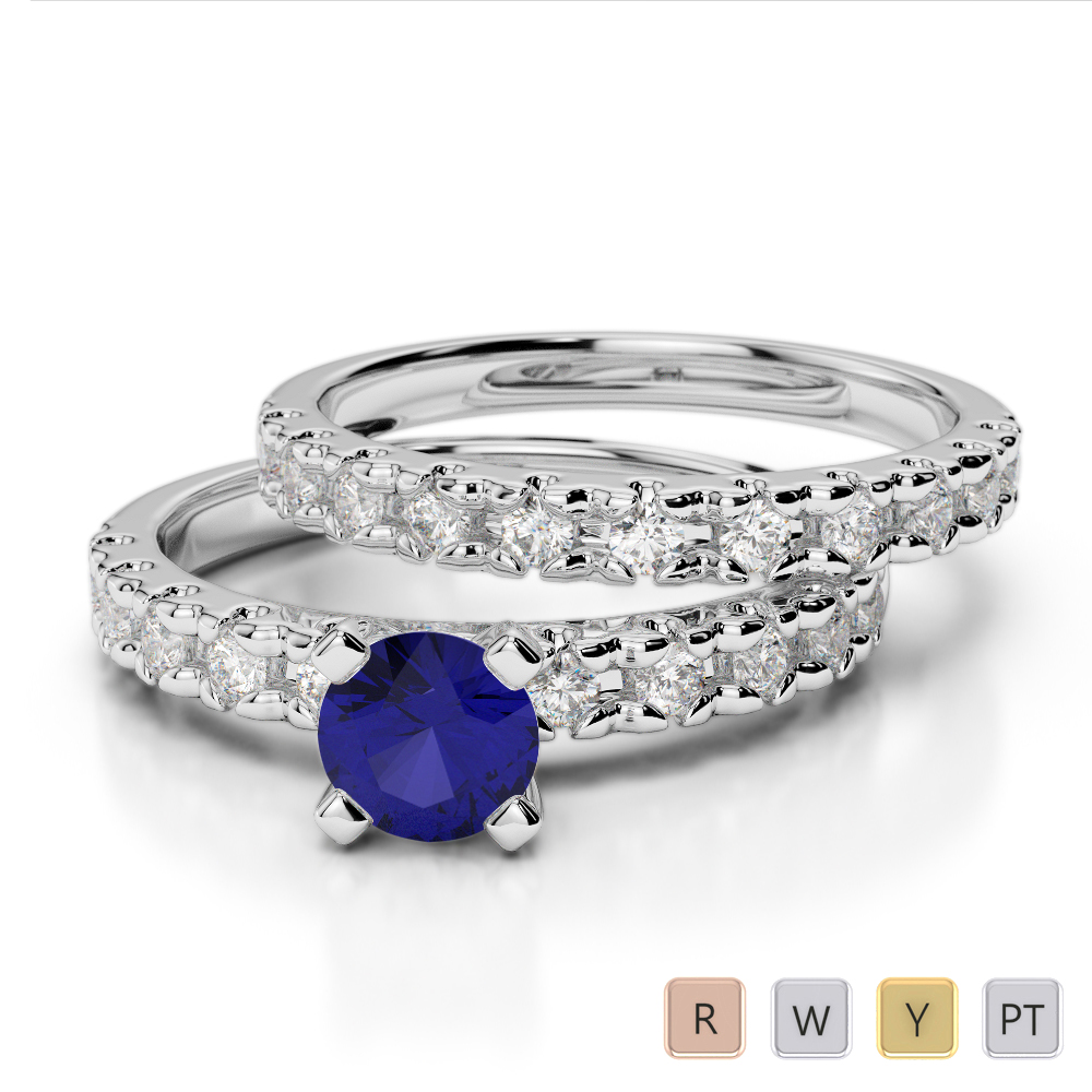 Gold / Platinum Round cut Sapphire and Diamond Bridal Set Ring AGDR-1144
