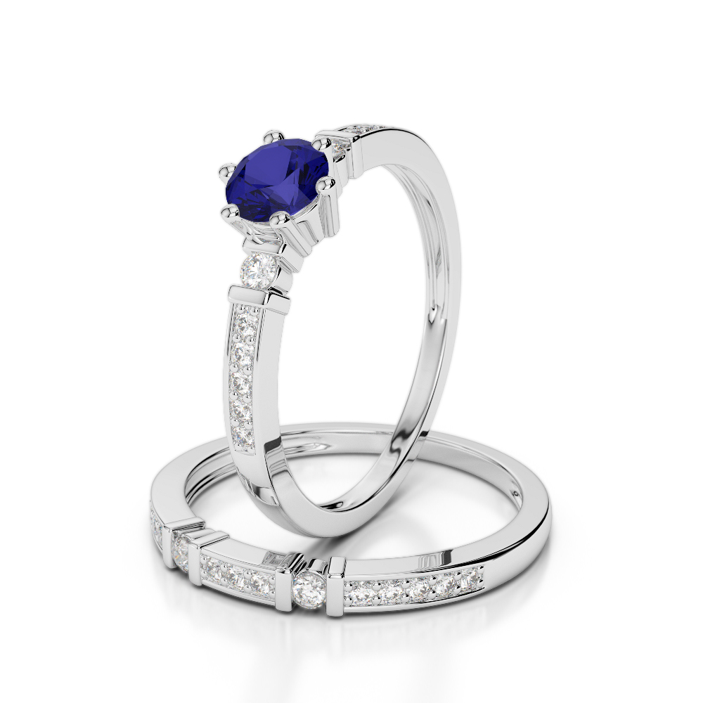 Gold / Platinum Round cut Sapphire and Diamond Bridal Set Ring AGDR-1150