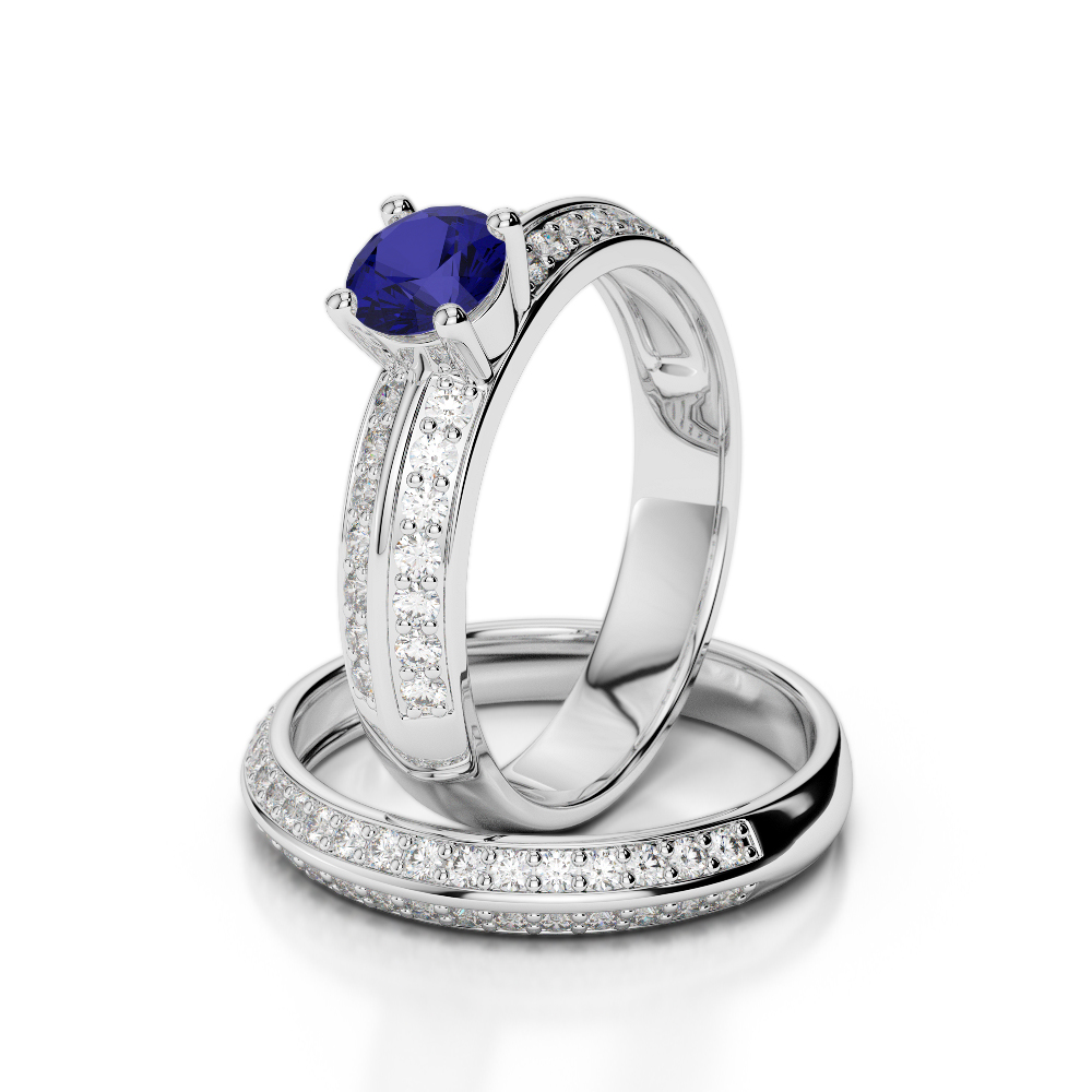 Gold / Platinum Round cut Sapphire and Diamond Bridal Set Ring AGDR-1156