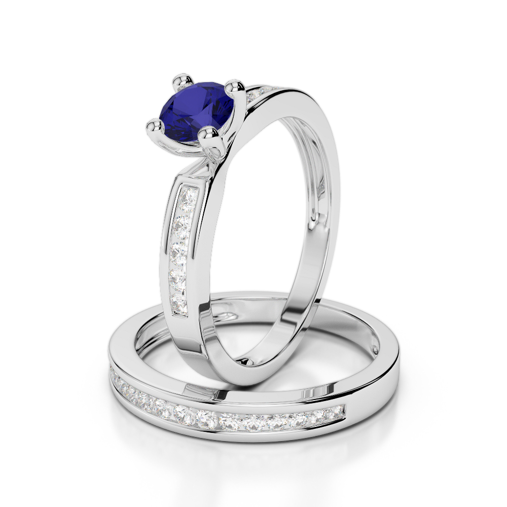 Gold / Platinum Round cut Sapphire and Diamond Bridal Set Ring AGDR-1157