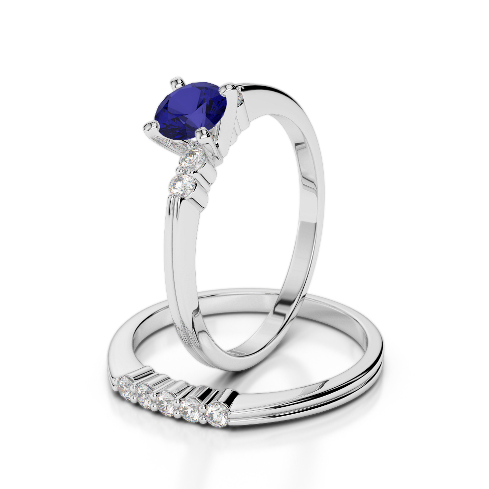 Gold / Platinum Round cut Sapphire and Diamond Bridal Set Ring AGDR-1158