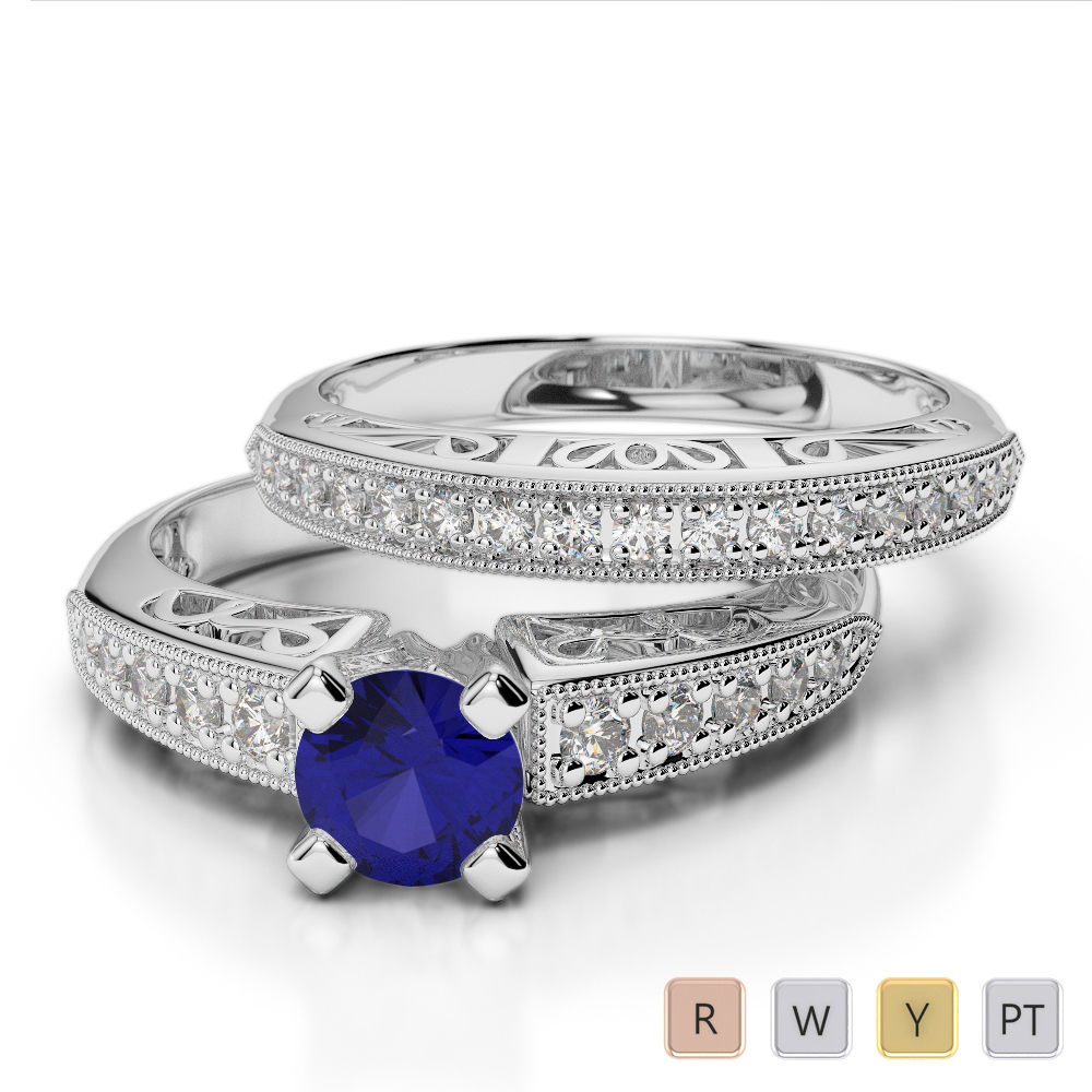 Gold / Platinum Round cut Sapphire and Diamond Bridal Set Ring AGDR-1160