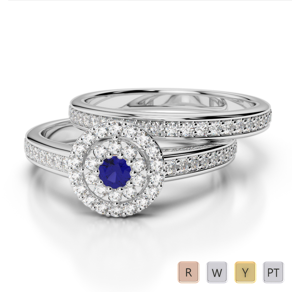 Gold / Platinum Round cut Sapphire and Diamond Bridal Set Ring AGDR-1239