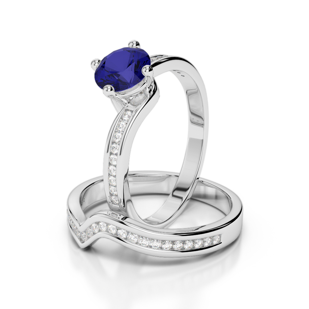 Gold / Platinum Round cut Sapphire and Diamond Bridal Set Ring AGDR-2005