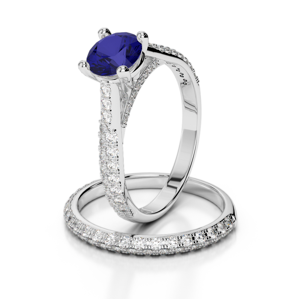 Gold / Platinum Round cut Sapphire and Diamond Bridal Set Ring AGDR-2013
