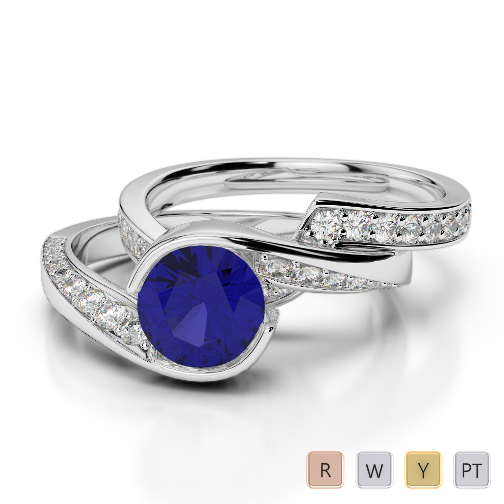 Gold platinum round cut sapphire and diamond  bridal  set 