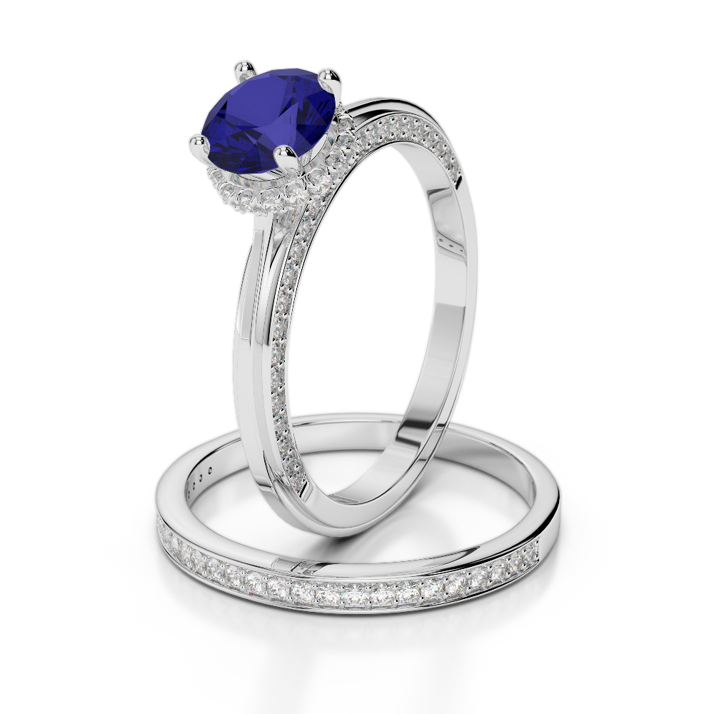 Gold / Platinum Round cut Sapphire and Diamond Bridal Set Ring AGDR-2033