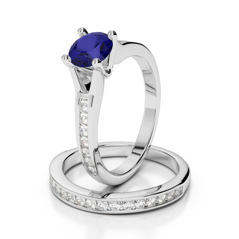 Gold / Platinum Round cut Sapphire and Diamond Bridal Set Ring AGDR-2047