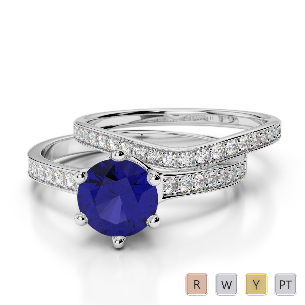 Gold / Platinum Round cut Sapphire and Diamond Bridal Set Ring AGDR-2049