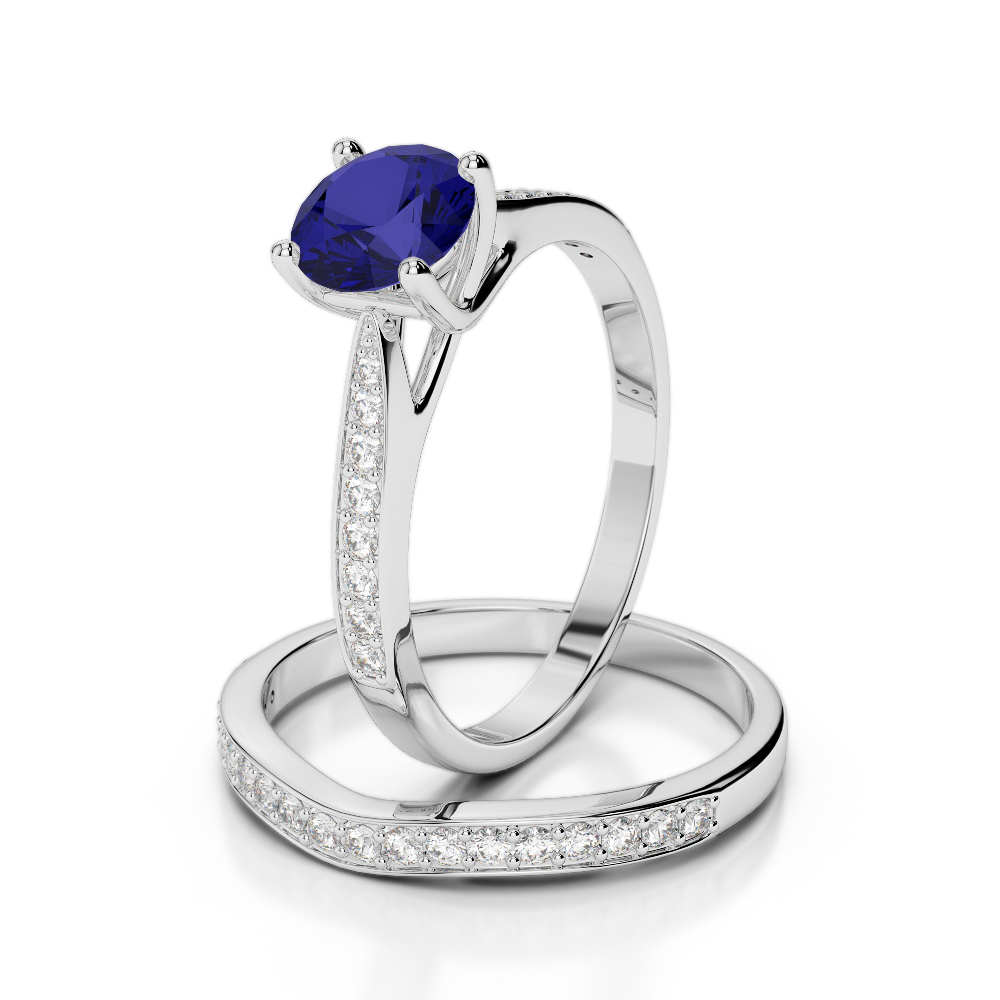 Gold / Platinum Round cut Sapphire and Diamond Bridal Set Ring AGDR-2053