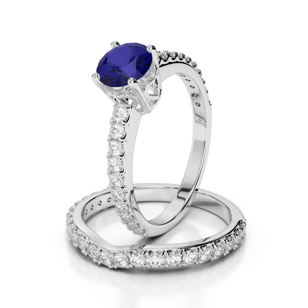 Gold / Platinum Round cut Sapphire and Diamond Bridal Set Ring AGDR-2055