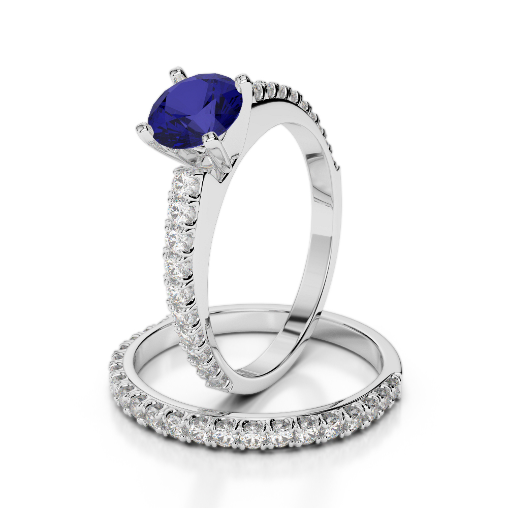 Gold / Platinum Round cut Sapphire and Diamond Bridal Set Ring AGDR-2057