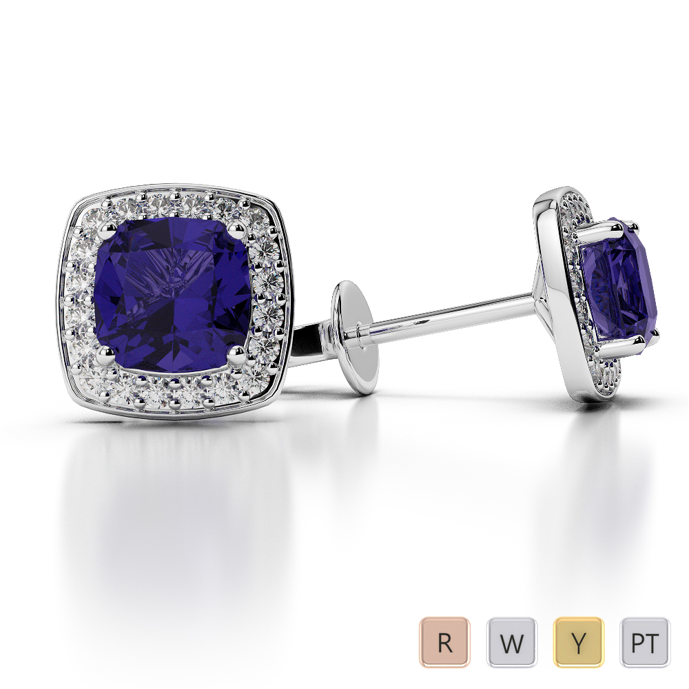 Cushion Shape Tanzanite and Diamond Earrings in Gold / Platinum AGER-1061