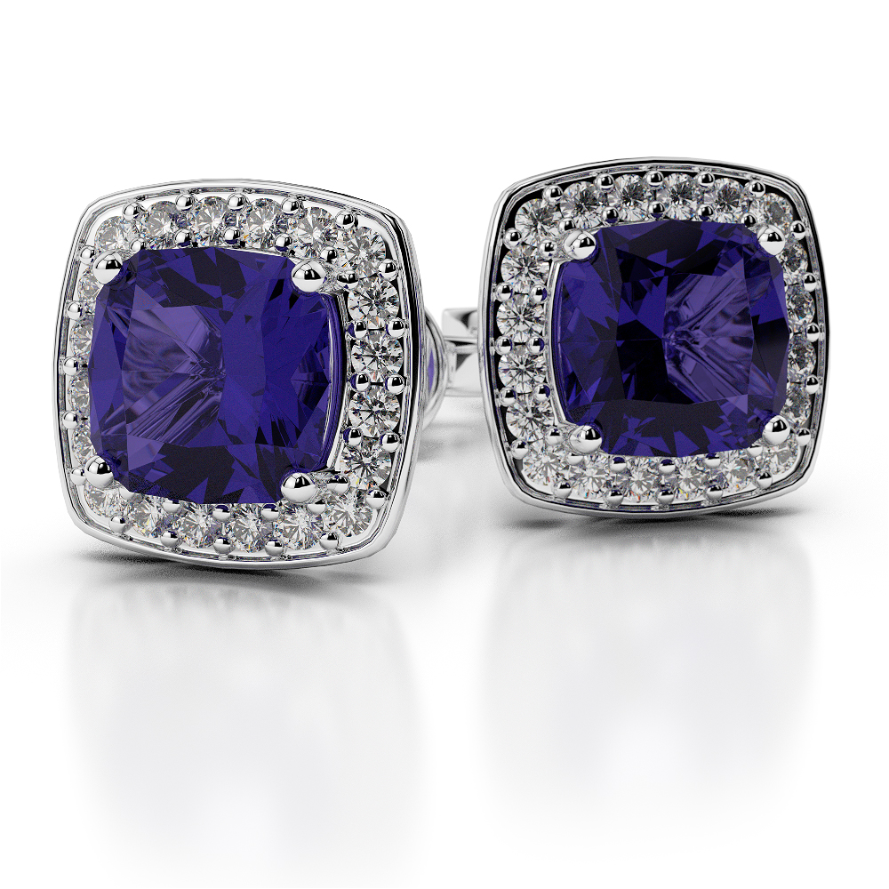 Cushion Shape Tanzanite and Diamond Earrings in Gold / Platinum AGER-1061