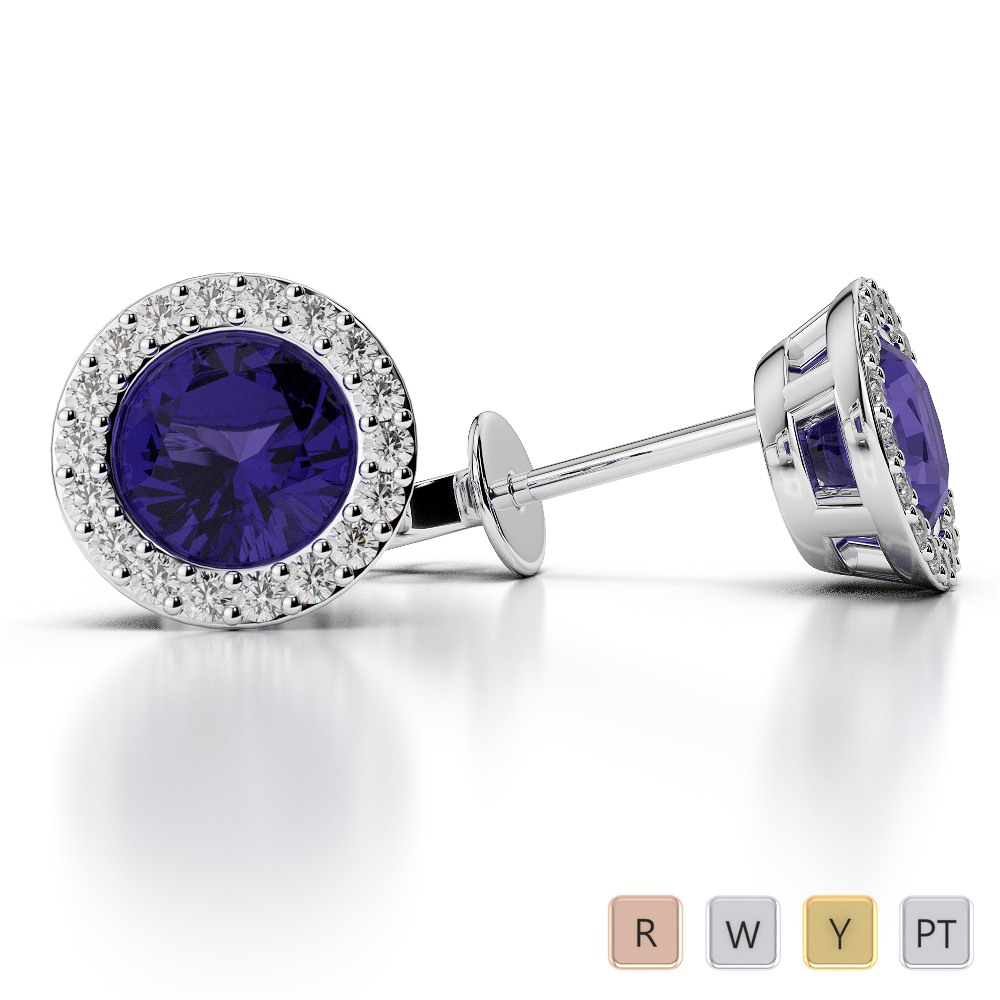 Round Shape Tanzanite and Diamond Earrings in Gold / Platinum AGER-1075