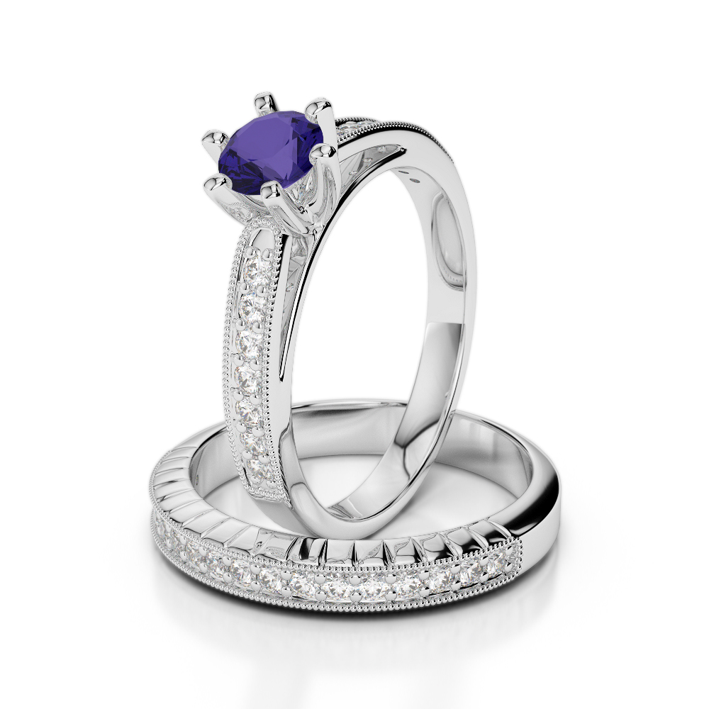 Gold / Platinum Round cut Tanzanite and Diamond Bridal Set Ring AGDR-1154
