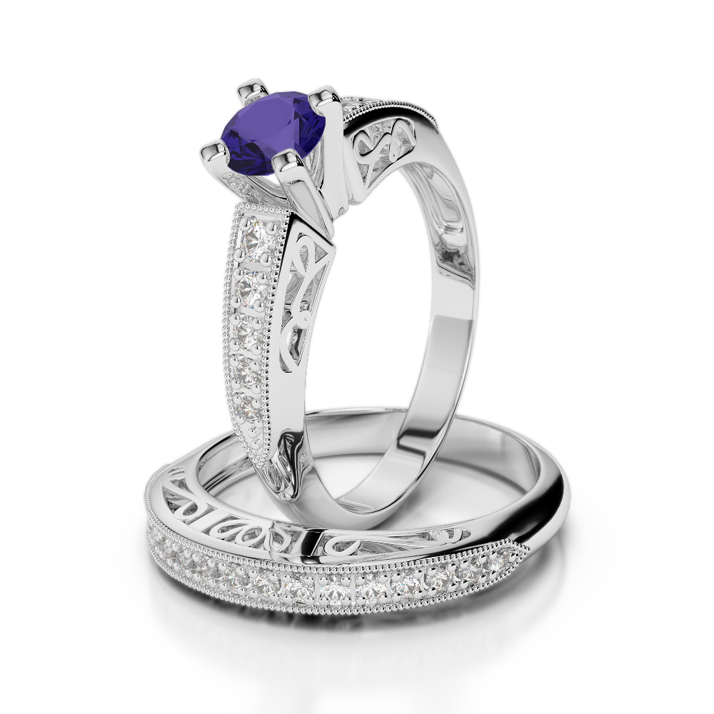 Gold / Platinum Round cut Tanzanite and Diamond Bridal Set Ring AGDR-1160