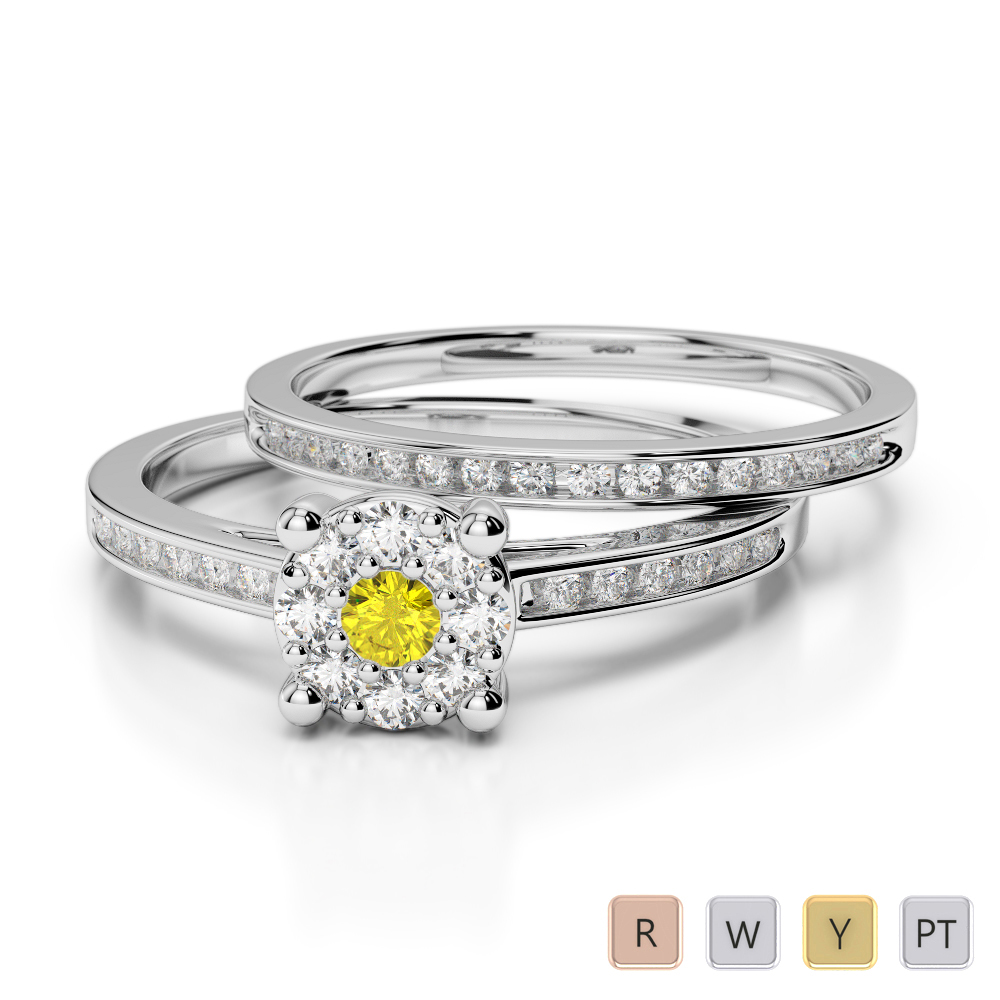 Gold / Platinum Round cut Yellow Sapphire and Diamond Bridal Set Ring AGDR-1052