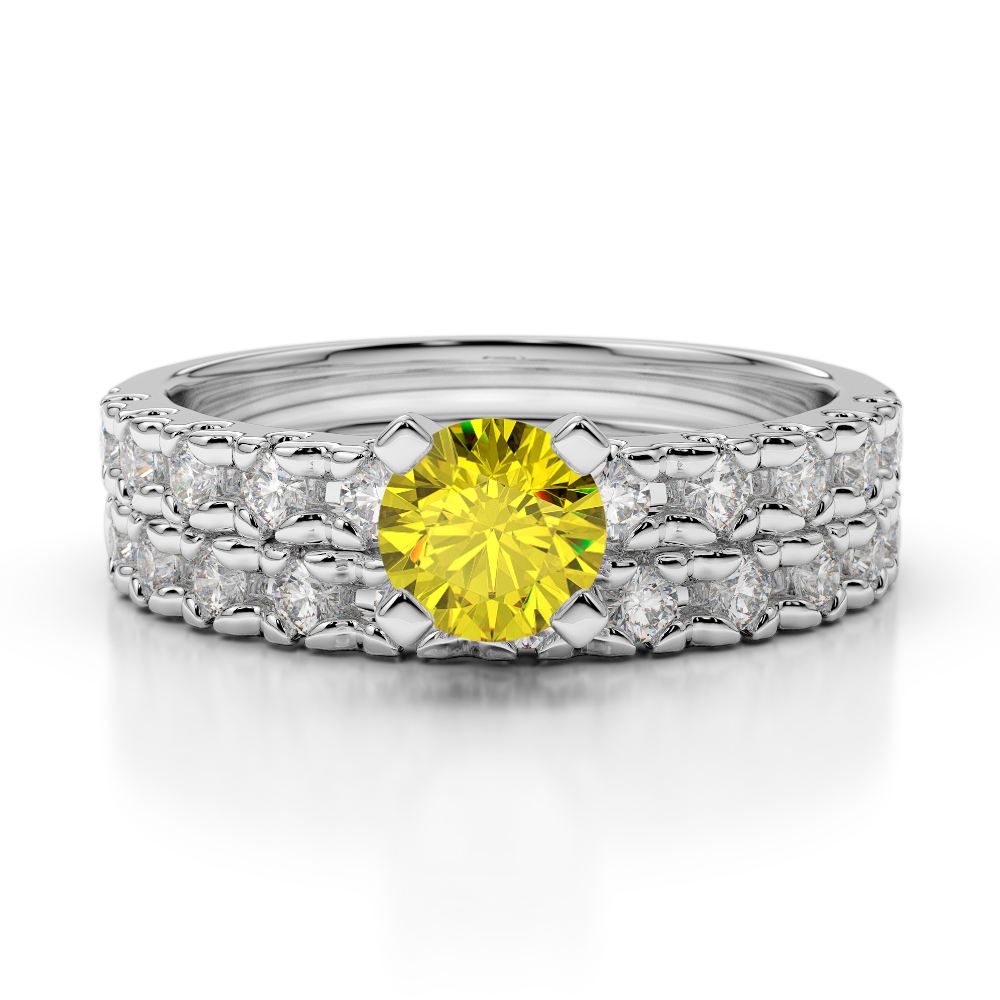 Gold / Platinum Round cut Yellow Sapphire and Diamond Bridal Set Ring AGDR-1144