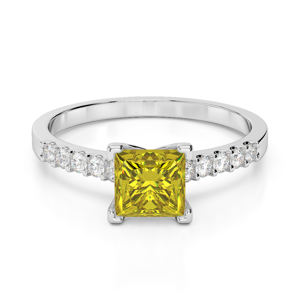 Gold / Platinum Round and Princess Cut Yellow Sapphire and Diamond Engagement Ring AGDR-1210