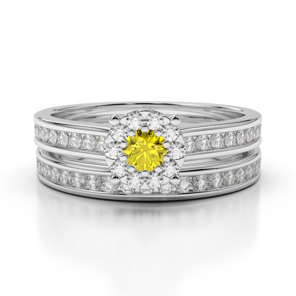 Gold / Platinum Round cut Yellow Sapphire and Diamond Bridal Set Ring AGDR-1339